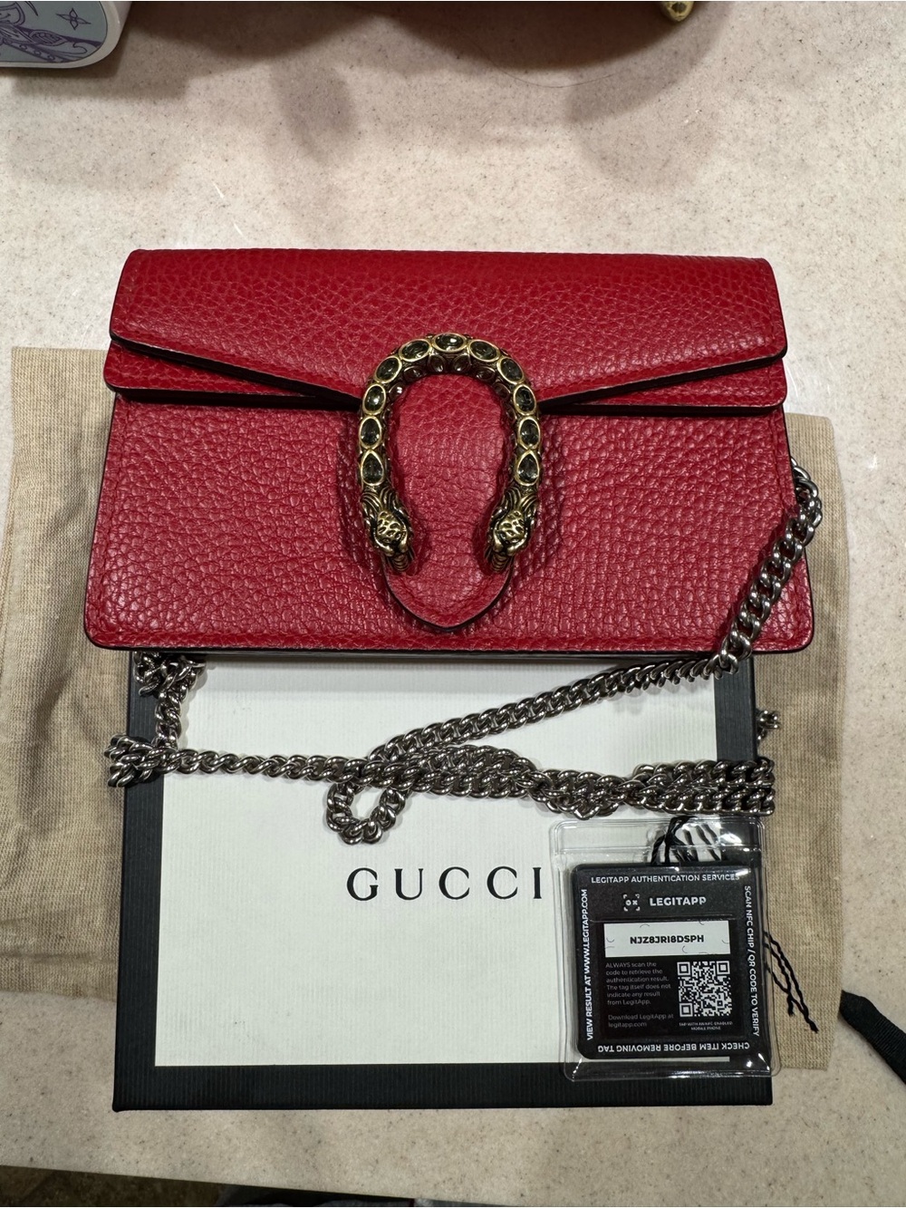 Gucci Red Leather Dionysus Small Shoulder Bag with Silver Chain